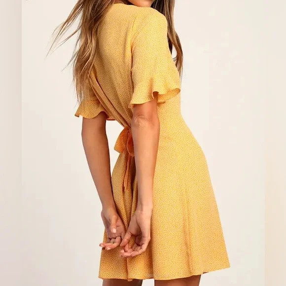 Lulus castana mustard yellow print button up dress size small - Picture 6 of 7